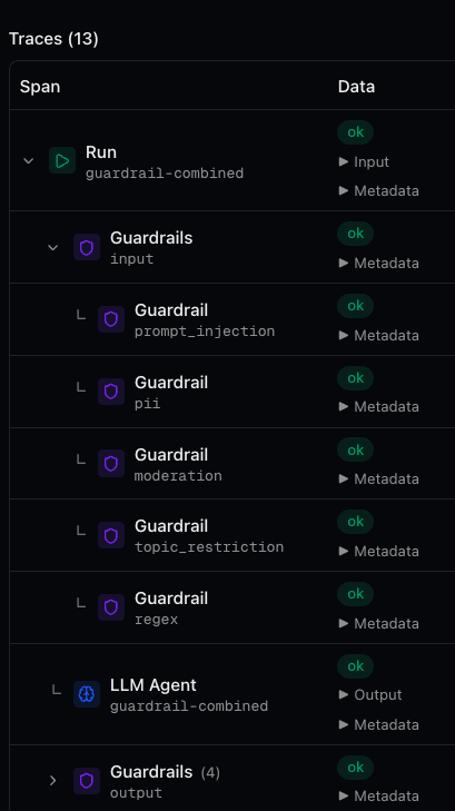 Run trace tree showing input guardrail spans (prompt injection, PII, moderation, topic restriction, regex) and an output guardrails group