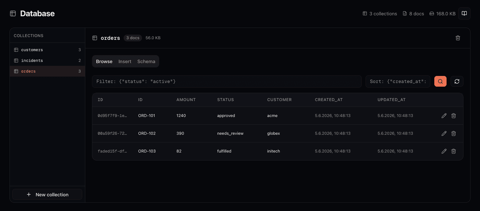 Connic Database mit der Collection orders und JSON-Dokumenten ohne festes Schema mit den Feldern id, amount, status und customer