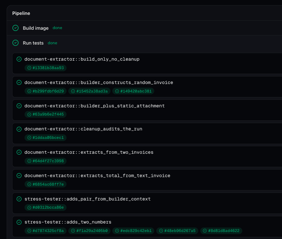 The Run tests phase of a deployment with every test case passing, each case showing a green check and the agent run IDs of its individual invocations