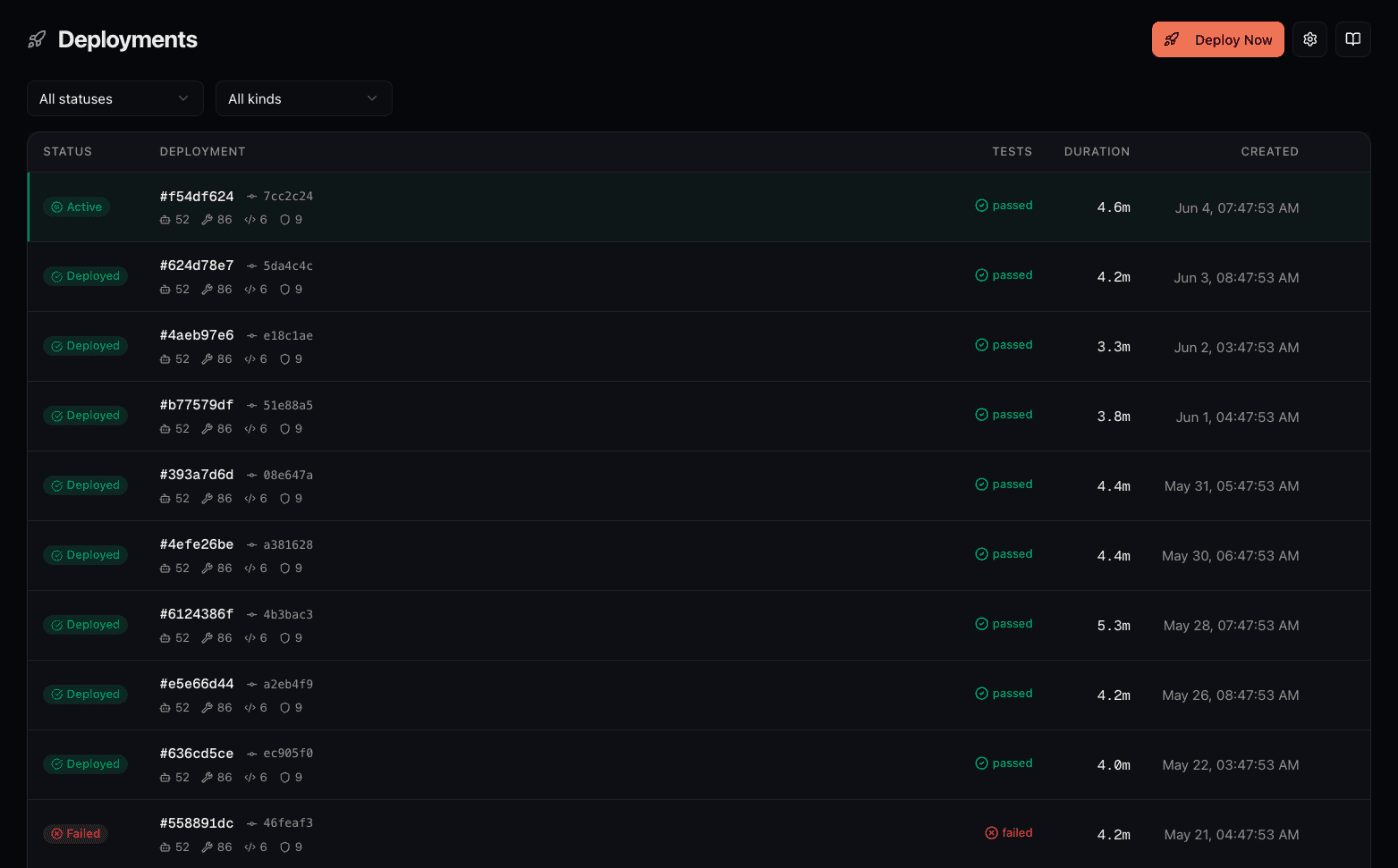 Connic deployments history showing the active deployment plus a versioned list of prior deployments with commit hashes, passed test status, and durations