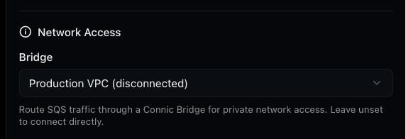 A connector's Network Access section with the Bridge dropdown set to a bridge named Production VPC, routing the connector through the private network.