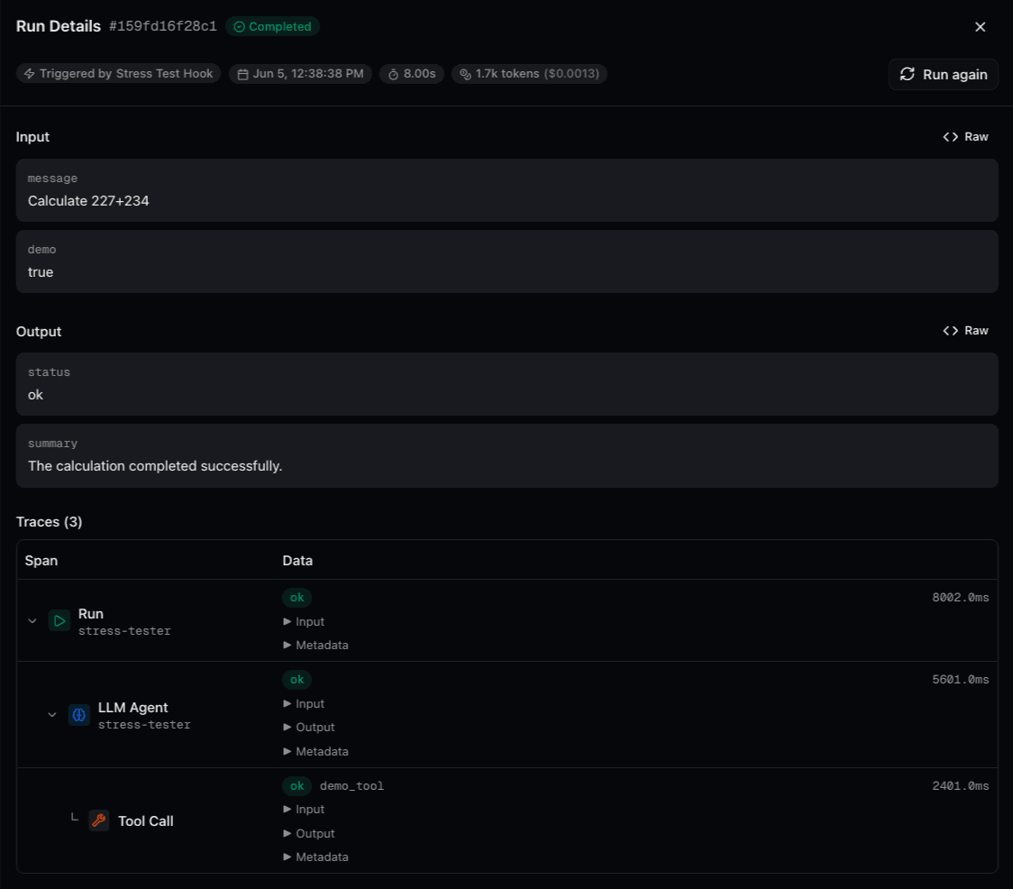 Connic run detail showing the input and output of a single agent run alongside a hierarchical trace of Run, LLM Agent, and Tool Call spans with durations and statuses
