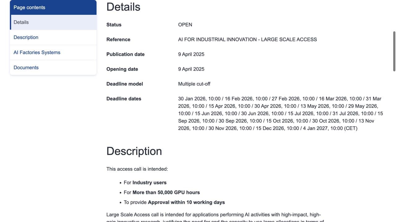 EuroHPC Large Scale call details showing Open status, multiple cutoffs and 15 September 2026 at 10:00 in the deadline list labelled CET.
