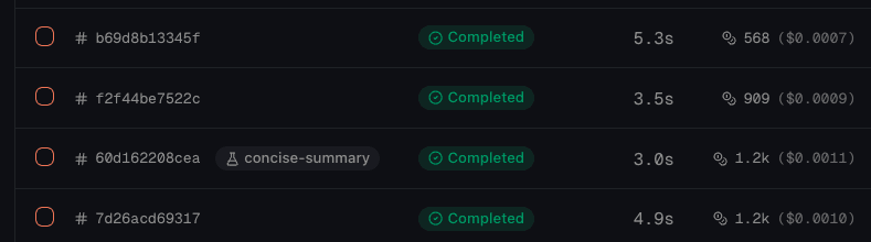 The agent runs history table with one row tagged by a concise-summary pill next to its Completed status badge, marking it as part of an A/B test.