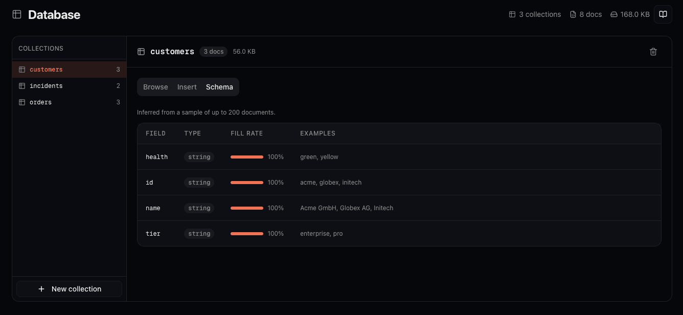 The Schema tab for the customers collection: an inferred field table listing health, id, name, and tier, each typed as string with a 100% fill-rate bar and example values such as enterprise, pro.