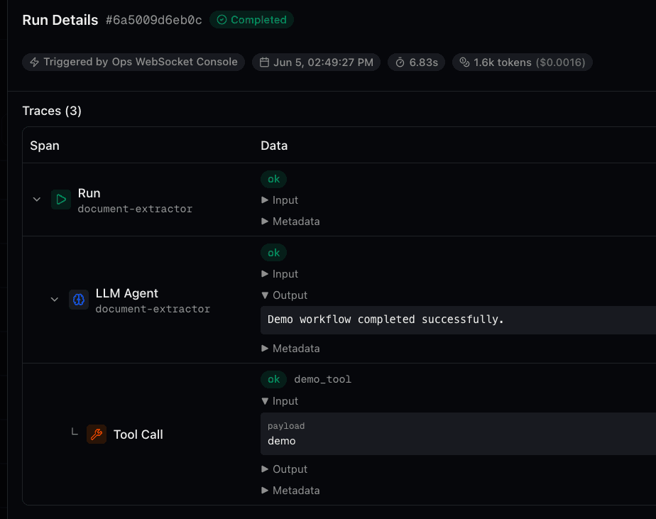 An execution trace with a root run, an LLM span, and a nested tool call, each with expandable input and output data.
