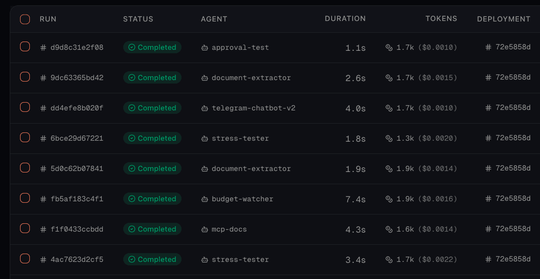 The agent runs table, with each row showing a status badge, agent name, run duration, token count with native-currency token cost, and deployment.